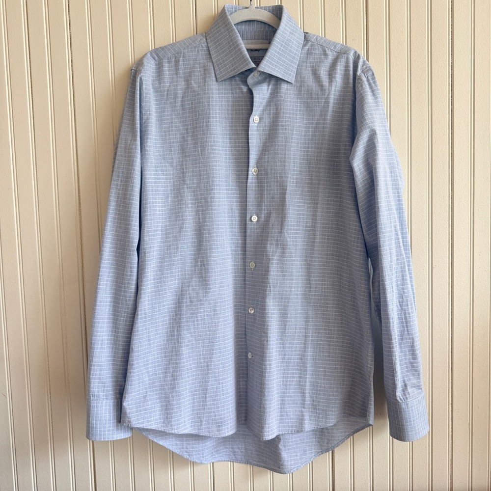 Ledbury Tailored Fit Light Blue Grid Check Classic Designer Dress Shirt Size 16